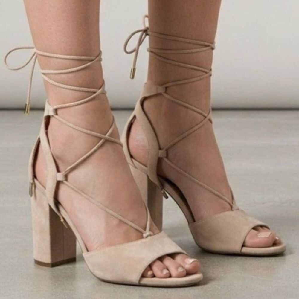 Aquazzura Firenze Beige Suede Lace Up Block Heel Sandals Size 40.5